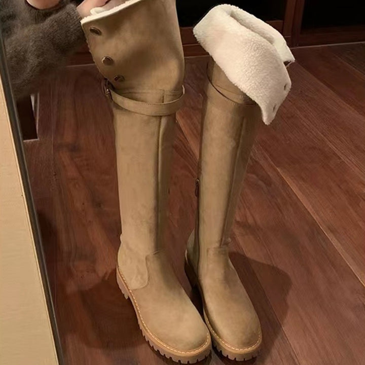 Damen Kniehohe Velours-Winterstiefel mit umklappbarer Schaftrand‑Fütterung und profilierter Lug‑Sohle Echo Archiv