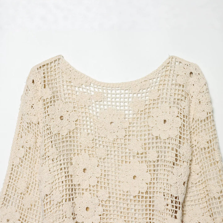 Damen gehäkelter Oversize-Pullover mit Blumen-Openwork und Rundhalsausschnitt Echo Archiv