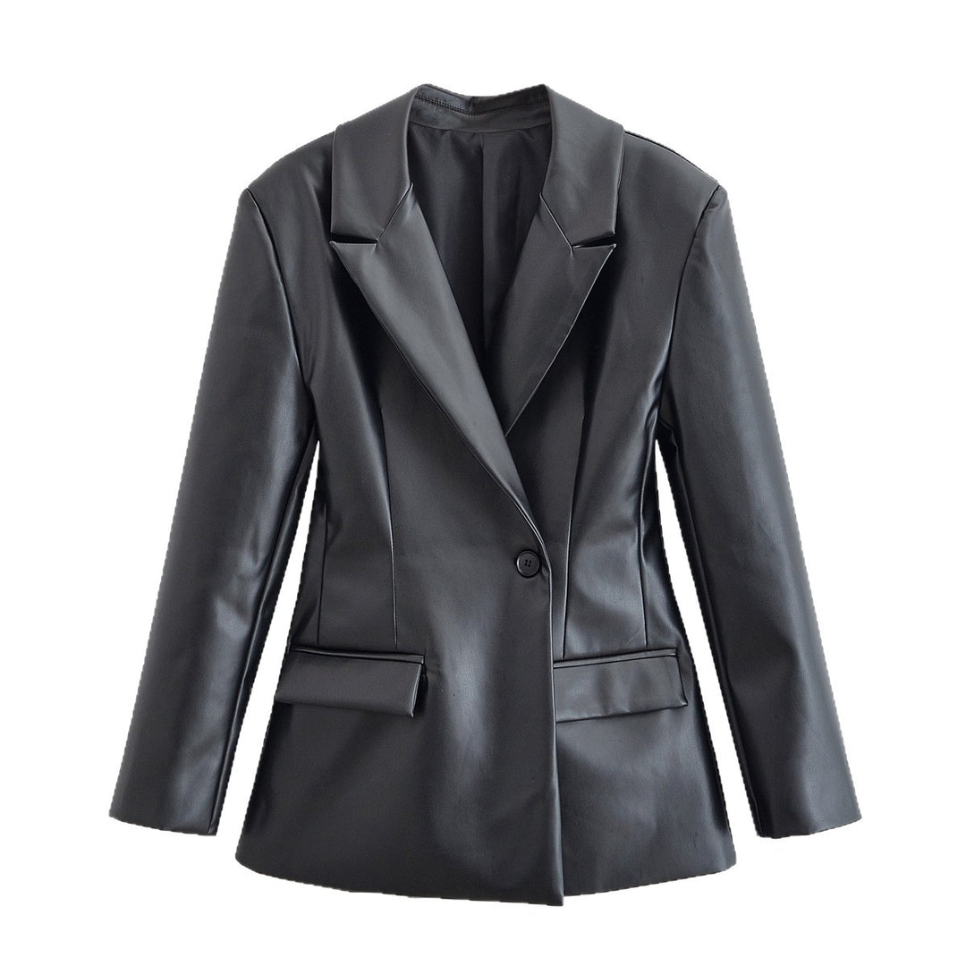 Damen Taillierter Longline-Kunstlederblazer mit Ein-Knopf-Verschluss und Pattentaschen Echo Archiv