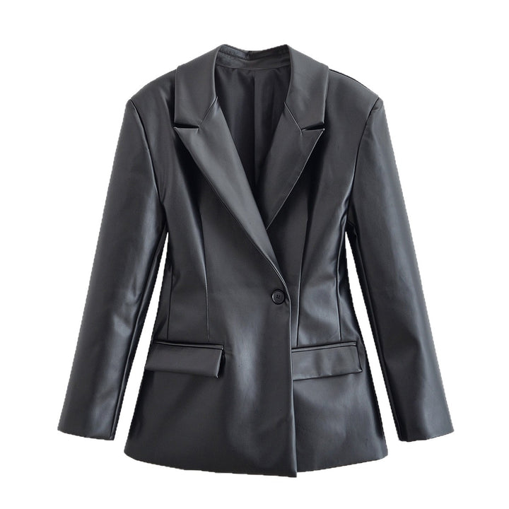 Damen Taillierter Longline-Kunstlederblazer mit Ein-Knopf-Verschluss und Pattentaschen Echo Archiv
