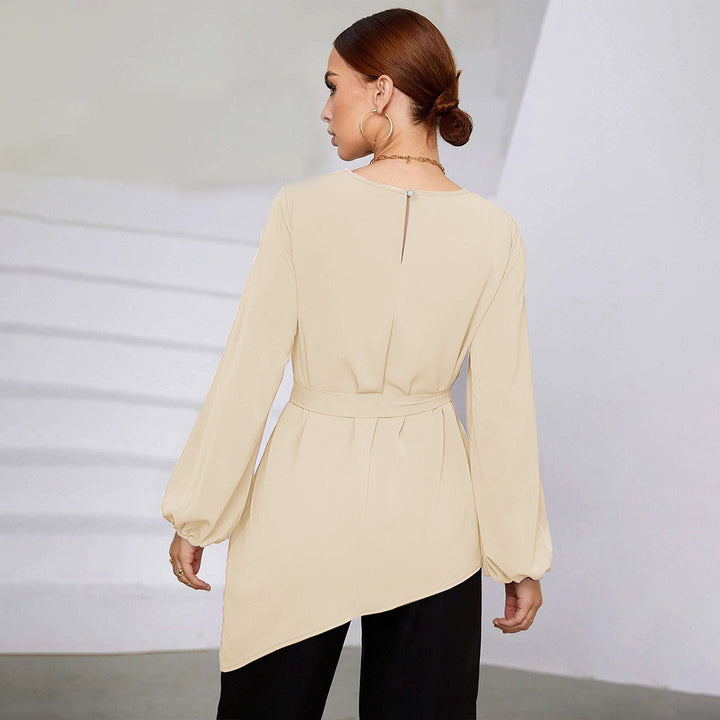 Damen asymmetrische Tunika-Bluse mit Ballonärmeln und Taillengürtel – Élovi