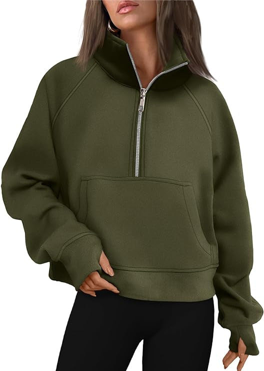 Damen nan cropped Halbzip-Sweatshirt mit hohem Stehkragen, Kängurutasche und überschnittener Schulter Echo Archiv