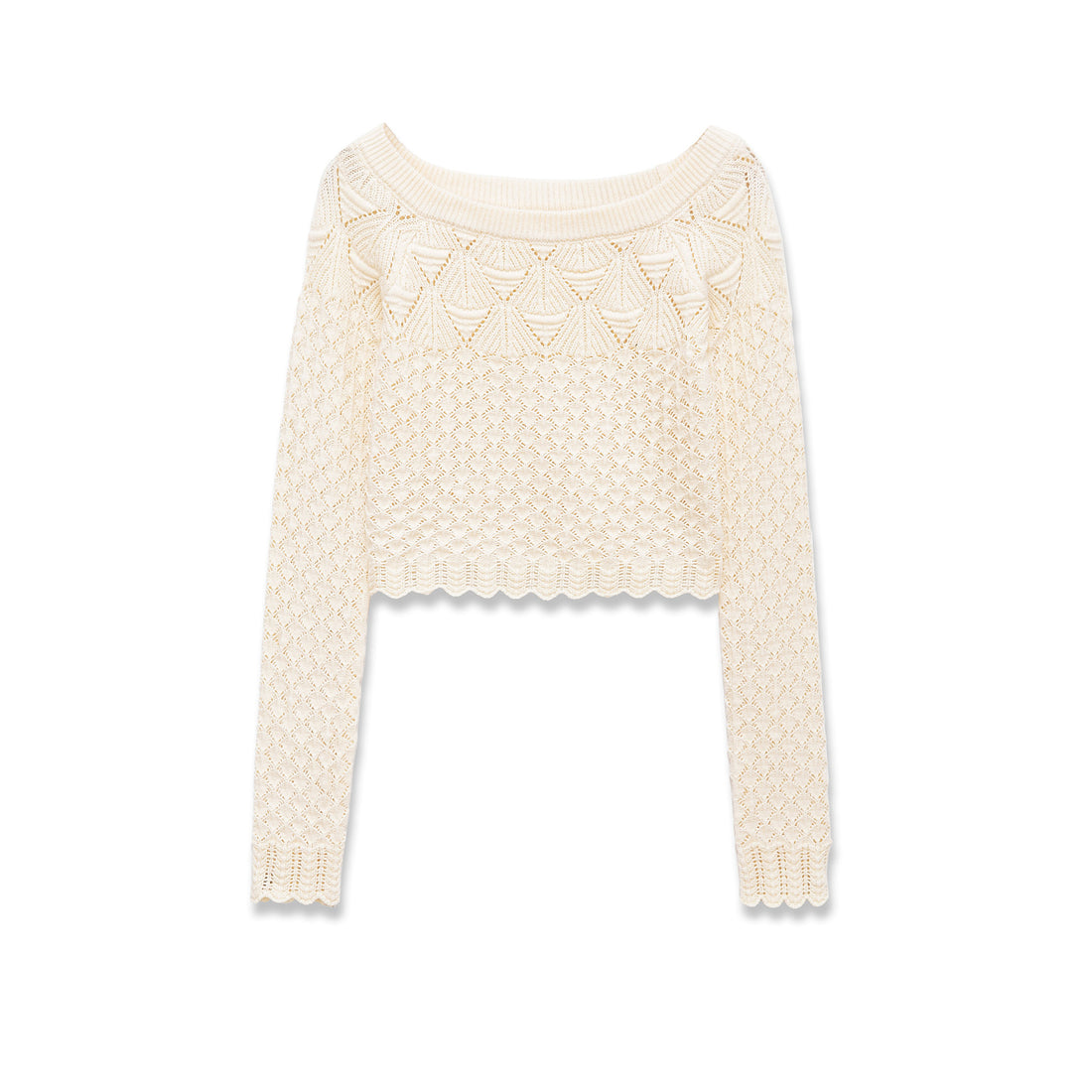 Damen gehäkelter Kurzpullover mit weitem Boot-Ausschnitt, feinem Lochstrickmuster und elastischem Bündchen – Mavelle