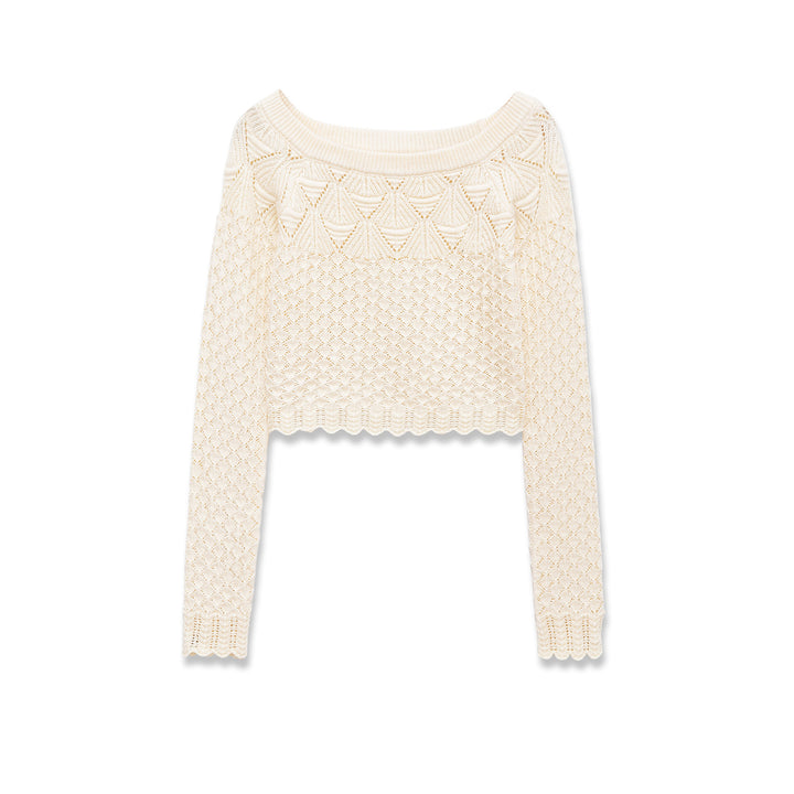 Damen nan gehäkelter Kurzpullover mit weitem Boot-Ausschnitt, feinem Lochstrickmuster und elastischem Bündchen Echo Archiv