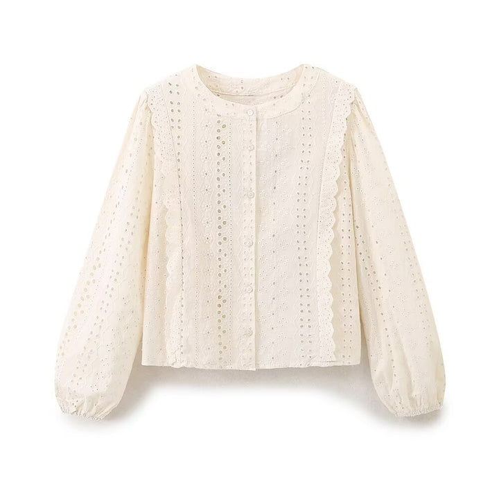 Damen Broderie‑Anglaise Bluse mit Rundausschnitt, Ballonärmeln und Spitzenbesatz Echoarchiv
