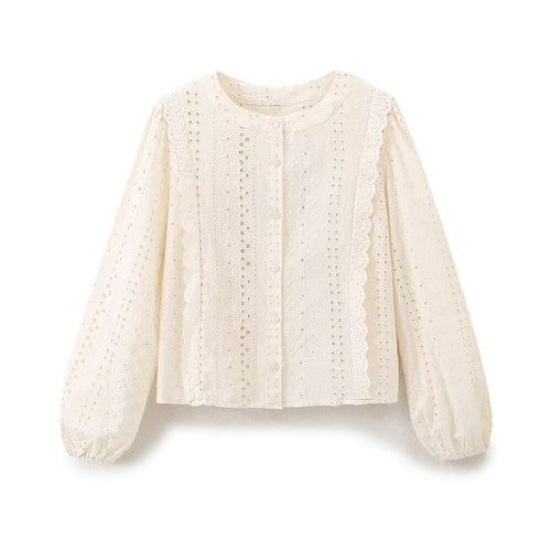 Damen Broderie‑Anglaise Bluse mit Rundausschnitt, Ballonärmeln und Spitzenbesatz Echoarchiv