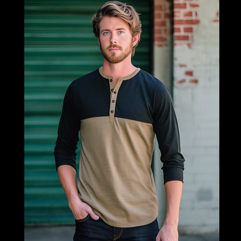 Herren Langarm-Henley-Shirt mit kontrastierenden Ärmeln und stilvollem Knopfdesign Echoarchiv