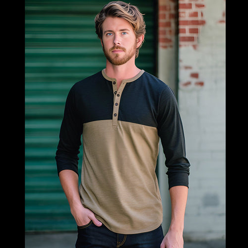 Herren Langarm-Henley-Shirt mit kontrastierenden Ärmeln und stilvollem Knopfdesign Echoarchiv