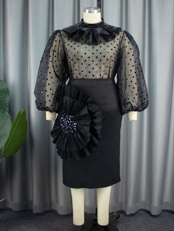 Damen Elegantes Kleid mit transparenten Puffärmeln und Rüschenakzent Echo Archiv