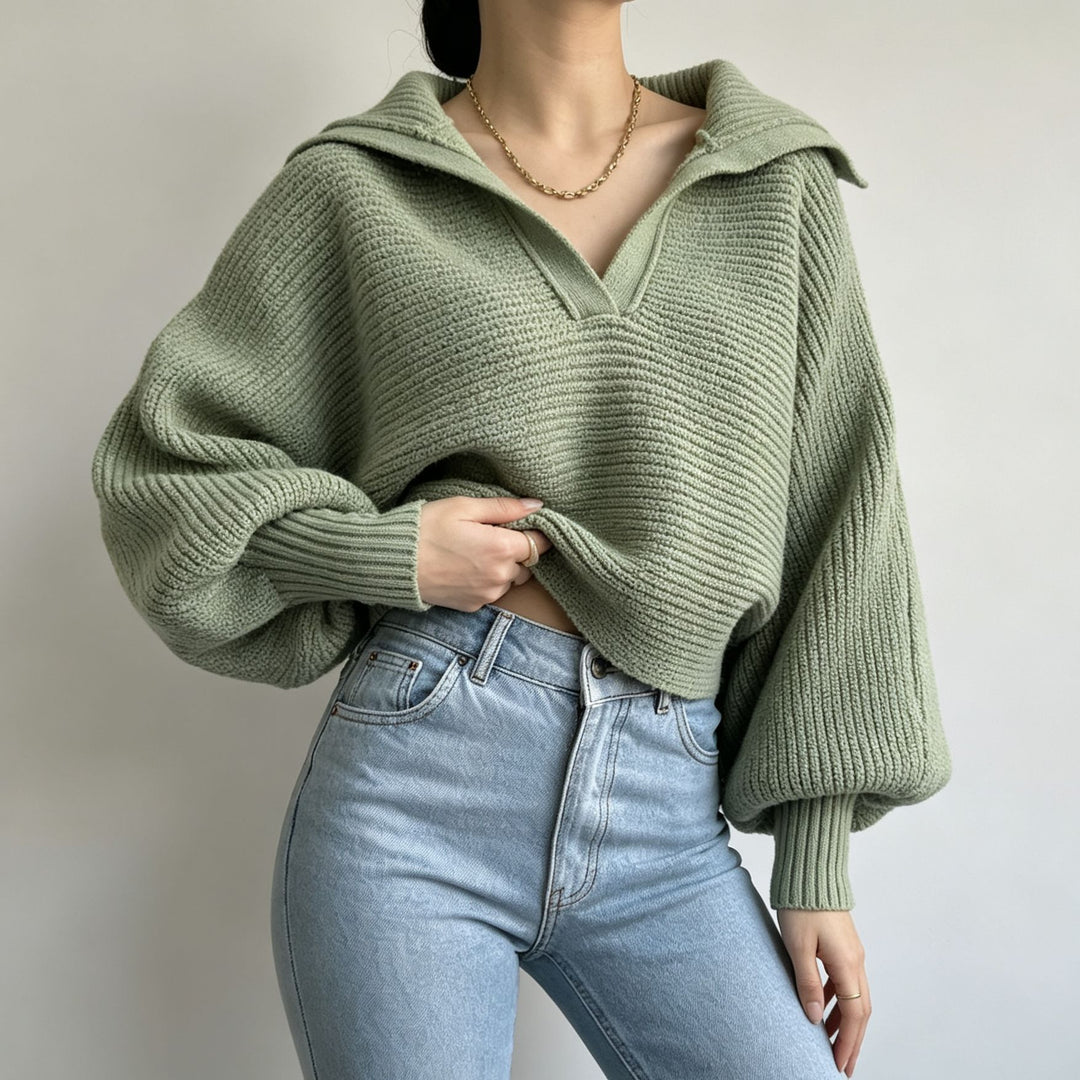 Damen Oversize-Strickpullover mit Matrosenkragen und tiefem V-Ausschnitt – Mavelle