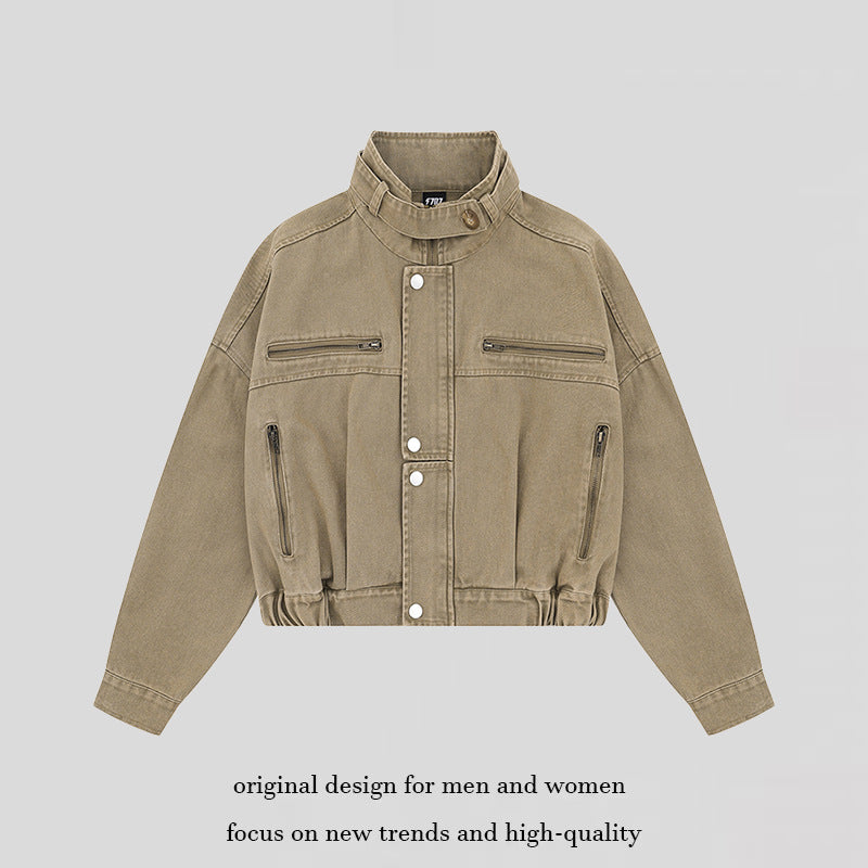 Damen Cropped Utility-Bomberjacke mit Stehkragen, Reißverschlusstaschen und Elastbund Echoarchiv