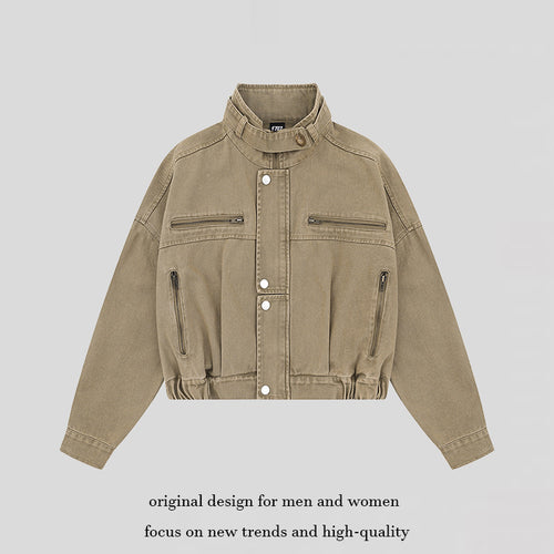 Damen Cropped Utility-Bomberjacke mit Stehkragen, Reißverschlusstaschen und Elastbund Echoarchiv