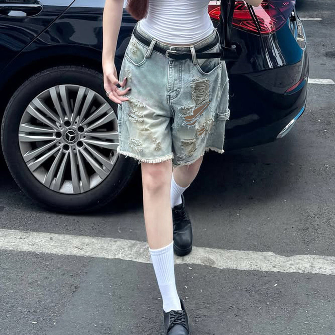 Damen Destroyed Denim-Shorts mit hohem Bund und ausgefransten Säumen Echo Archiv
