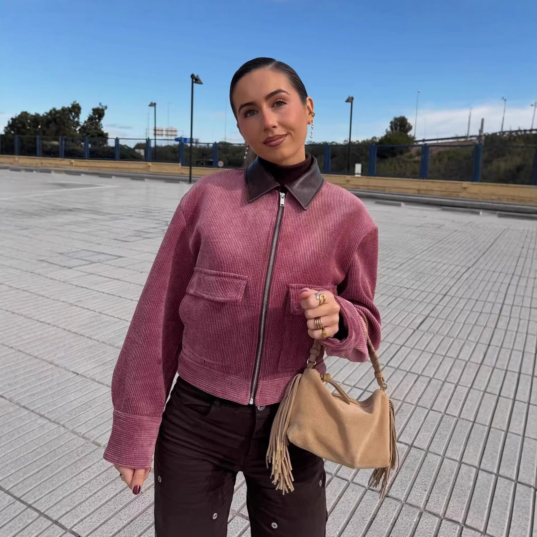 Damen Cordjacke mit Reißverschluss, Kunstlederkragen und aufgesetzten Taschen Echo Archiv