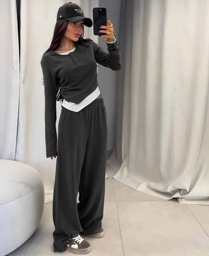 Damen Loungewear-Set aus weichem Modal mit Henley-Knopfleiste und weitem High‑Waist Loungehose – Élanora