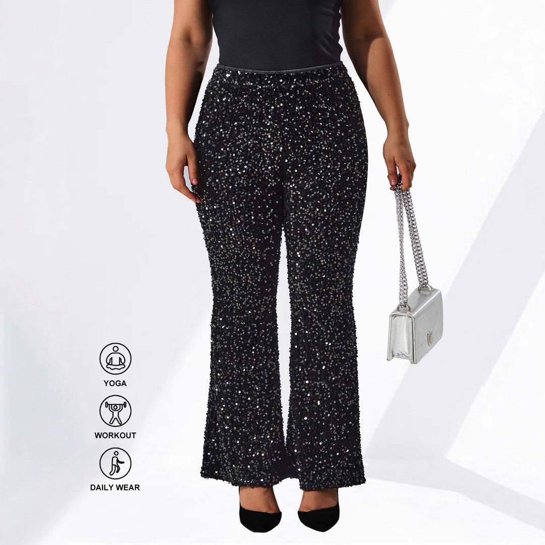 Damen Glamouröse Pailletten-Flared-Hose mit hohem Bund und Stretch echoarchiv-