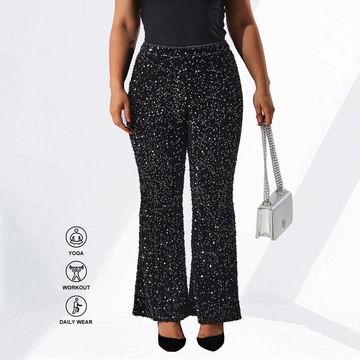 Damen Glamouröse Pailletten-Flared-Hose mit hohem Bund und Stretch echoarchiv-