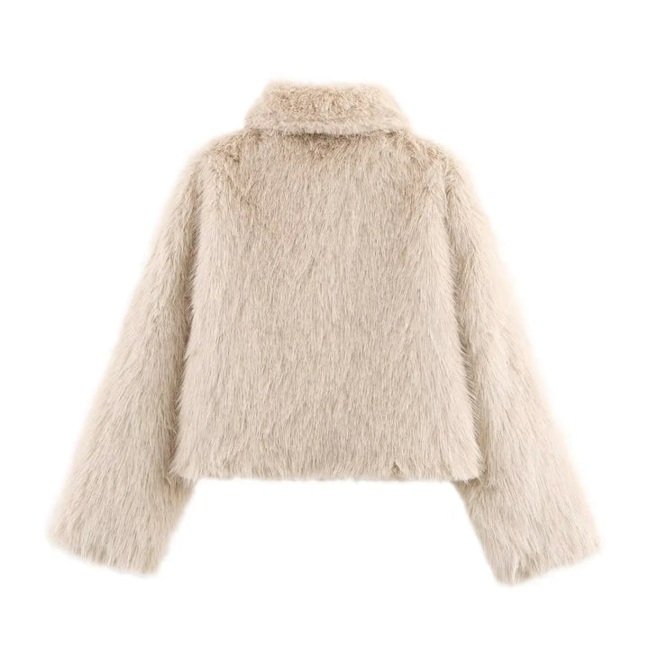 Damen kurzer Kunstfellblouson im Cropped-Schnitt mit voluminösem Umlegekragen – Célinea