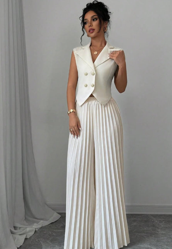 Damen Ärmelloses Weste-Blazer-Top mit Revers und plissierter Palazzo-Hose Zweiteiliges Abendset – Valéne