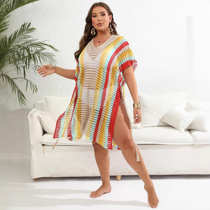Damen luftiger Häkel-Strandponcho mit modischen Fransen Echo Archiv