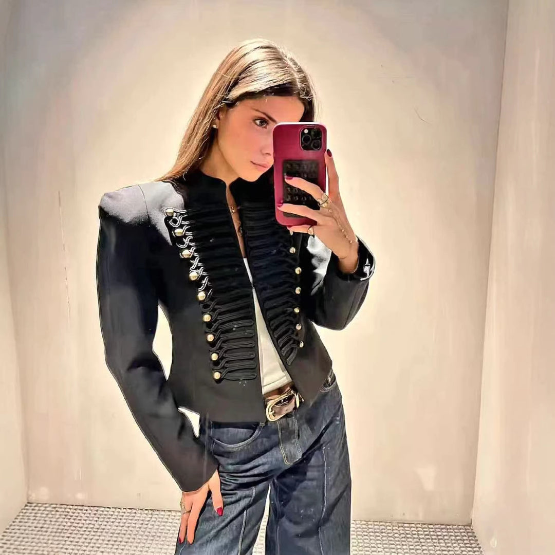 Damen Cropped Blazer im Husarenstil mit Stehkragen, Zierkordeln und Messingknöpfen Echo Archiv
