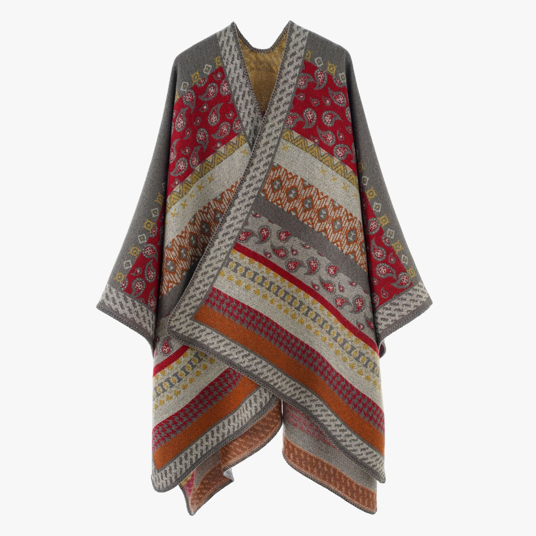 Damen Strickcape im Paisley‑Jacquard mit asymmetrischem Saum – Avérine