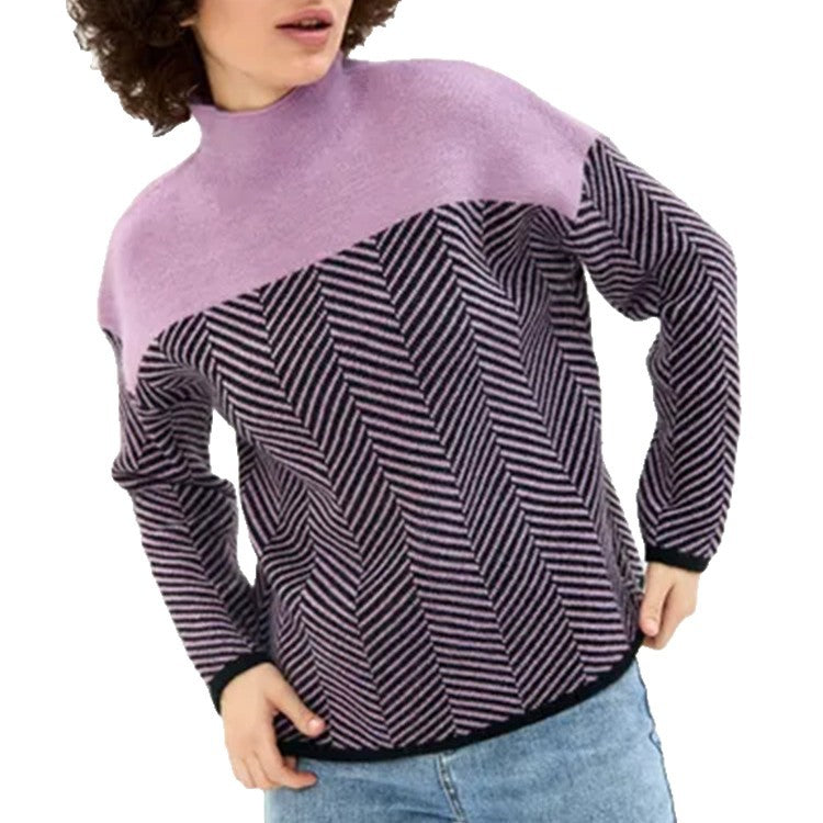 Damen Strickpullover mit Stehkragen und Fischgrätmuster – Mavelle