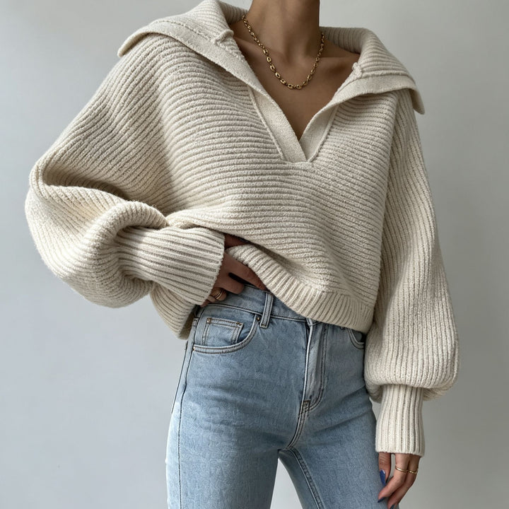 Damen Oversize-Strickpullover mit Matrosenkragen und tiefem V-Ausschnitt – Mavelle