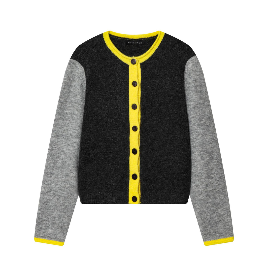 Damen kurze zweifarbige Wollcardigan mit kontrastierter Knopfleiste geripptem Saum und Hornknöpfen – Veloura