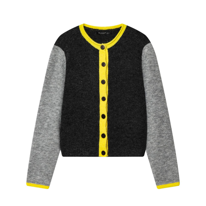 Damen kurze zweifarbige Wollcardigan mit kontrastierter Knopfleiste geripptem Saum und Hornknöpfen – Veloura