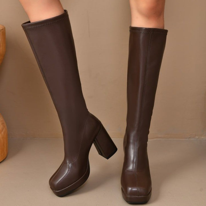 Damen Plateau-Kniestiefel mit klobigem Blockabsatz und Stretchschaft Echoarchiv