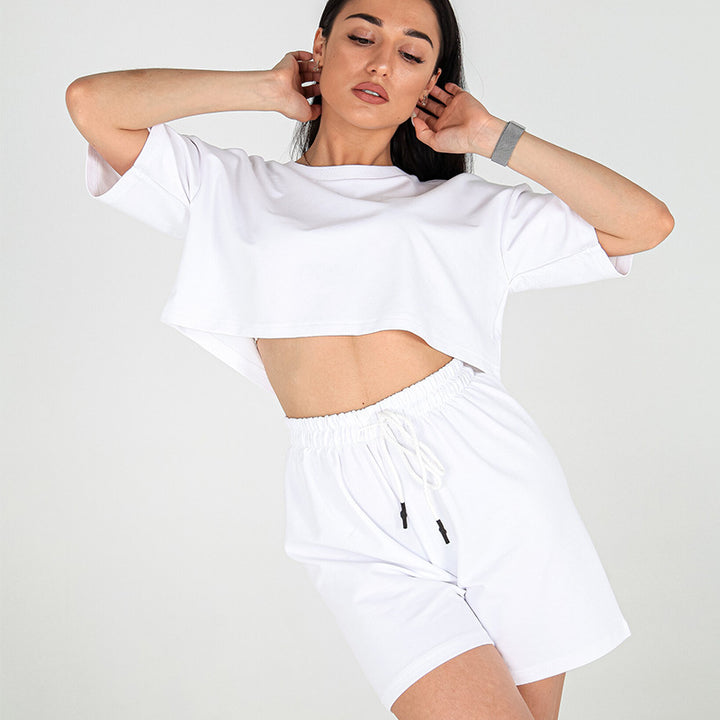 Damen Zweiteiliges Cropped-Lounge-Set aus Baumwolljersey mit elastischer Kordelzug-Shorts – Élanora