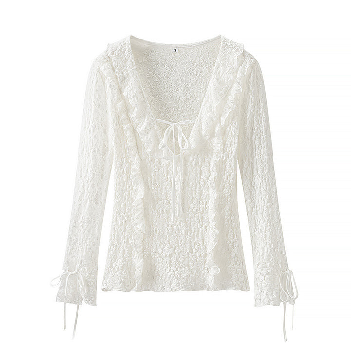 Damen Figurbetonte Spitzenbluse mit Rüschen‑V‑Ausschnitt und Bindebanddetail Echo Archiv