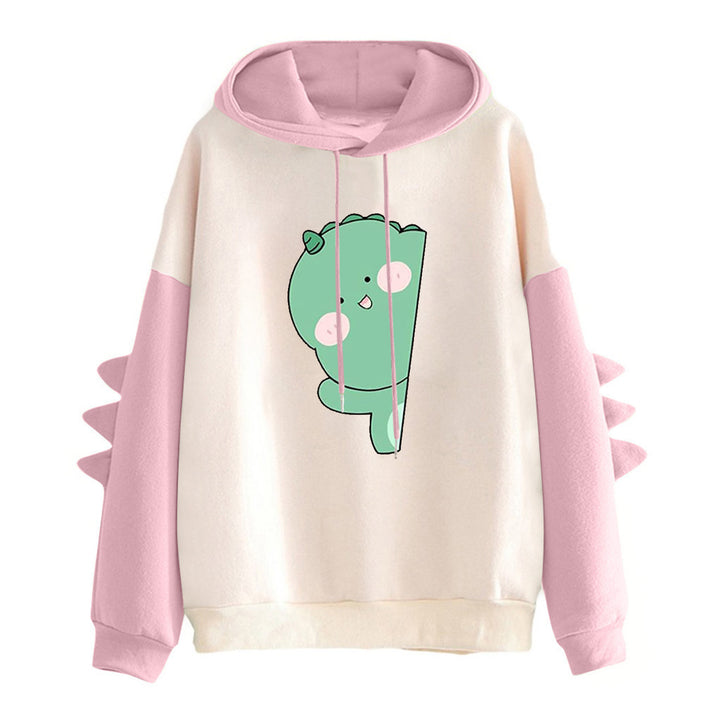 Damen weiter Kapuzenpullover mit dreidimensionalen Rückenstacheln und niedlichem Dino-Print – Auréline