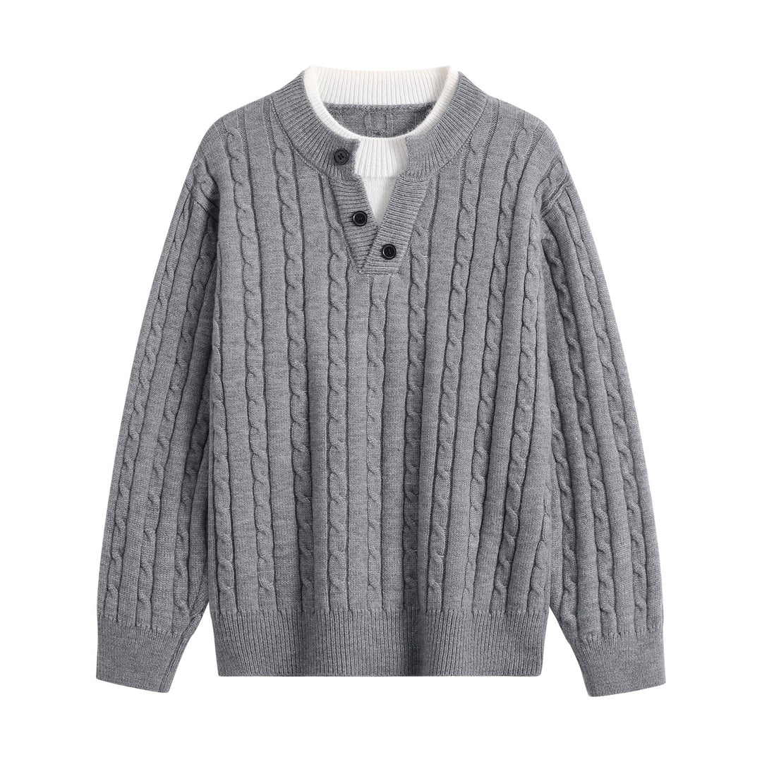 Damen Oversize Zopfstrick-Pullover mit Henley‑Kragen und Kontrastinnenkragen Echoarchiv