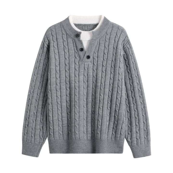 Damen Oversize Zopfstrick-Pullover mit Henley‑Kragen und Kontrastinnenkragen Echoarchiv