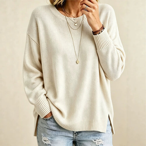 Damen Locker geschnittener Rundhals-Feinstrickpullover mit Seitenschlitzen und gerippten Bündchen – Mavelle