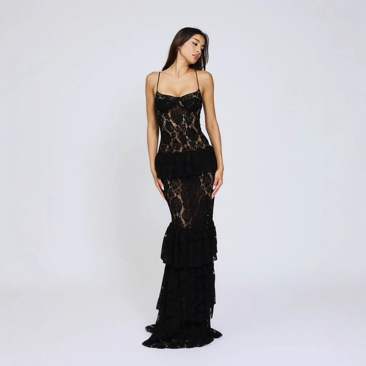 Damen Spitzen-Ballkleid mit Rüschendetails und figurbetontem Schnitt Echo Archiv
