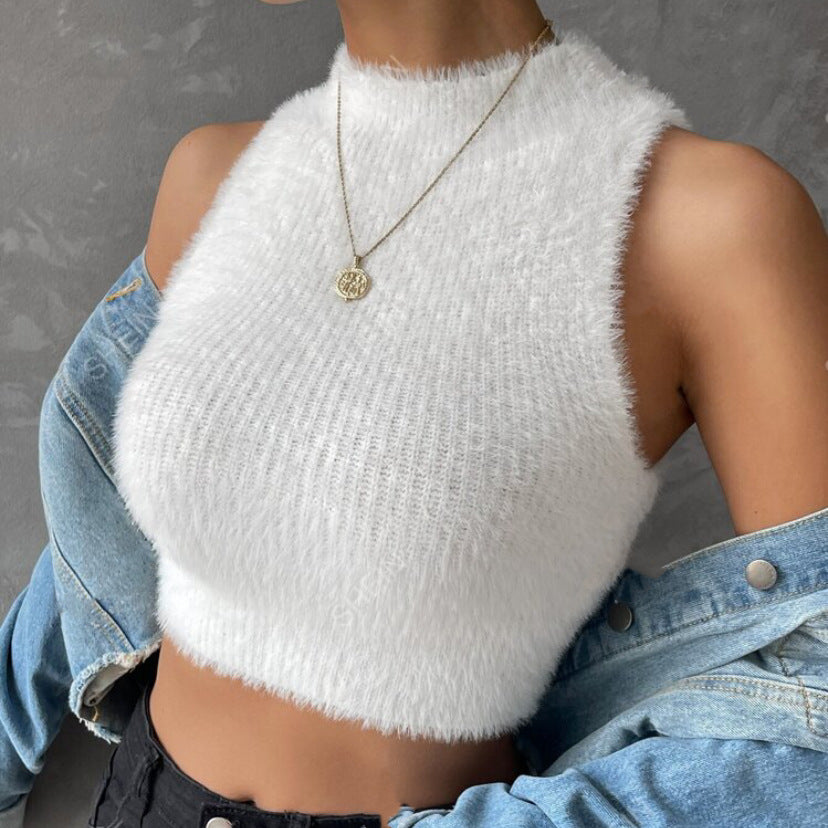 Damen Kurz geschnittenes ärmelloses geripptes Strick-Crop-Top mit Stehkragen – Avérine