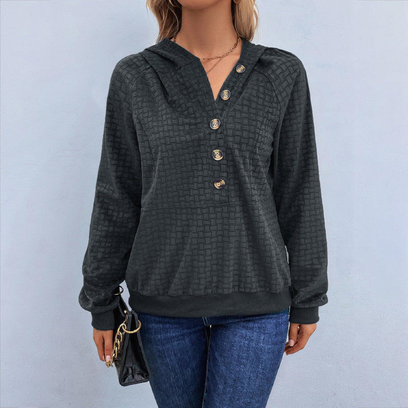 Damen Texturiertes Kapuzen-Henley-Pullover mit Knopfleiste und Kängurutasche Echoarchiv