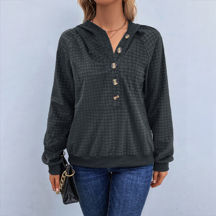 Damen Texturiertes Kapuzen-Henley-Pullover mit Knopfleiste und Kängurutasche Echoarchiv
