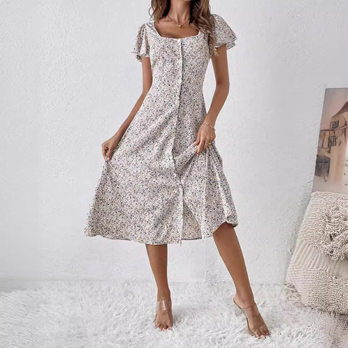 Damen nan tailliertes Midikleid mit quadratischem Ausschnitt, verdeckter Knopfleiste und fließendem A-Linien-Rock Echo Archiv