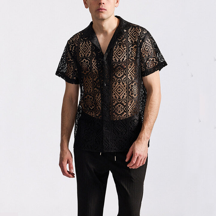 Herren Kurzes Spitzenhemd mit floralem Design und durchbrochenen Mustern Echoarchiv