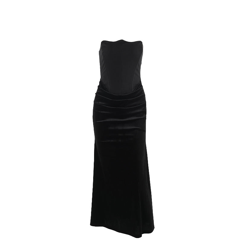 Damen elegantes A-Linien-Maxikleid mit gerafftem Oberteil und trägerlosem Design Echo Archiv