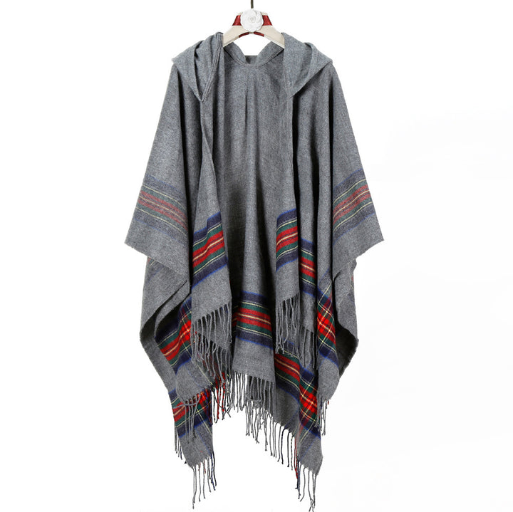 Damen Kapuzen‑Capeponcho im Tartanmuster mit Fransensaum aus weichem Wollmix – Montévia
