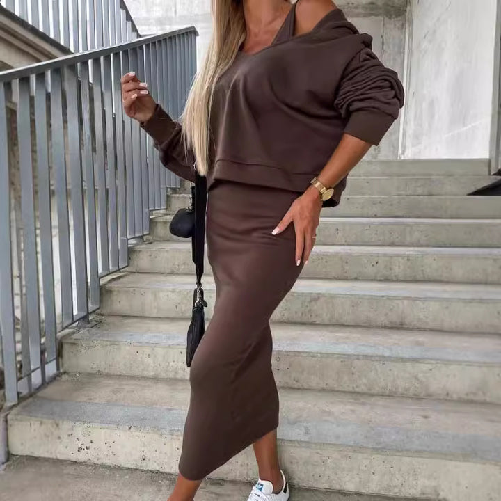 Damen Casual-Set Cropped-Sweatshirt mit Cut-Out-Trägern und High‑Waist Midirock aus Stretch-Fleece Echoarchiv