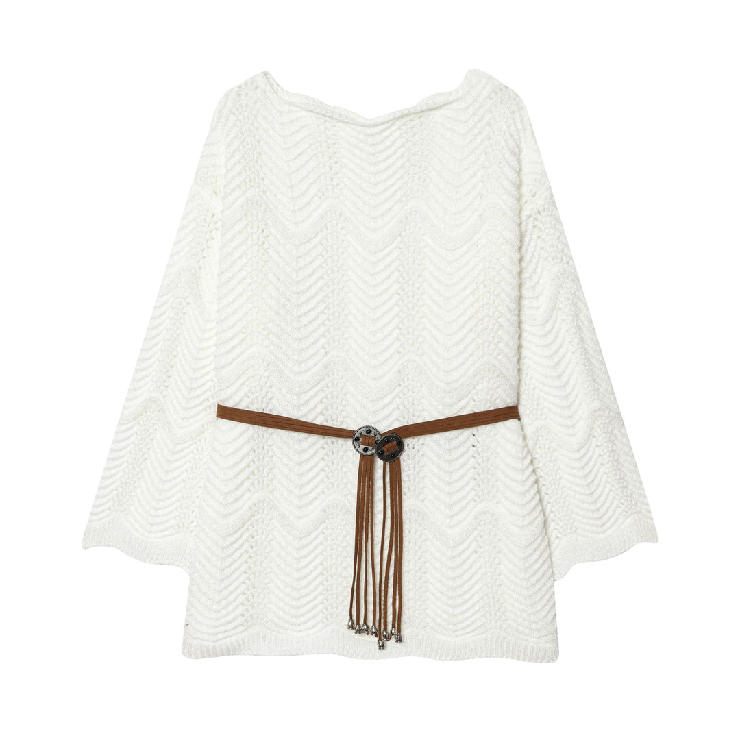 Damen nan gestricktes Poncho-Cape mit dekorativem Lederbandgürtel Echo Archiv