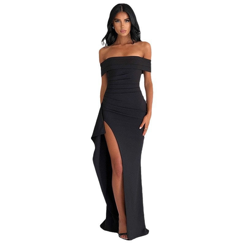 Damen Elegantes Off-Shoulder Maxikleid mit hohem Schlitz und Drapierungen Echo Archiv