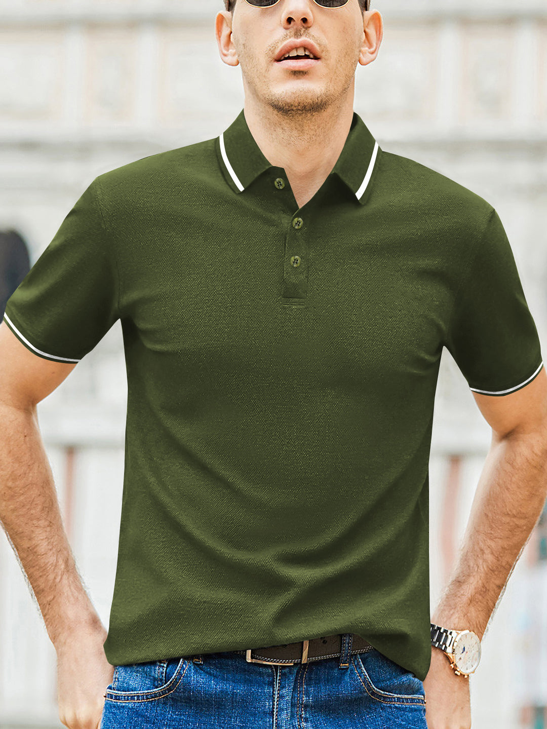 Herren Kurzarm-Polohemd mit modernem Bicolor-Kragen und atmungsaktiver Baumwollqualität Echoarchiv