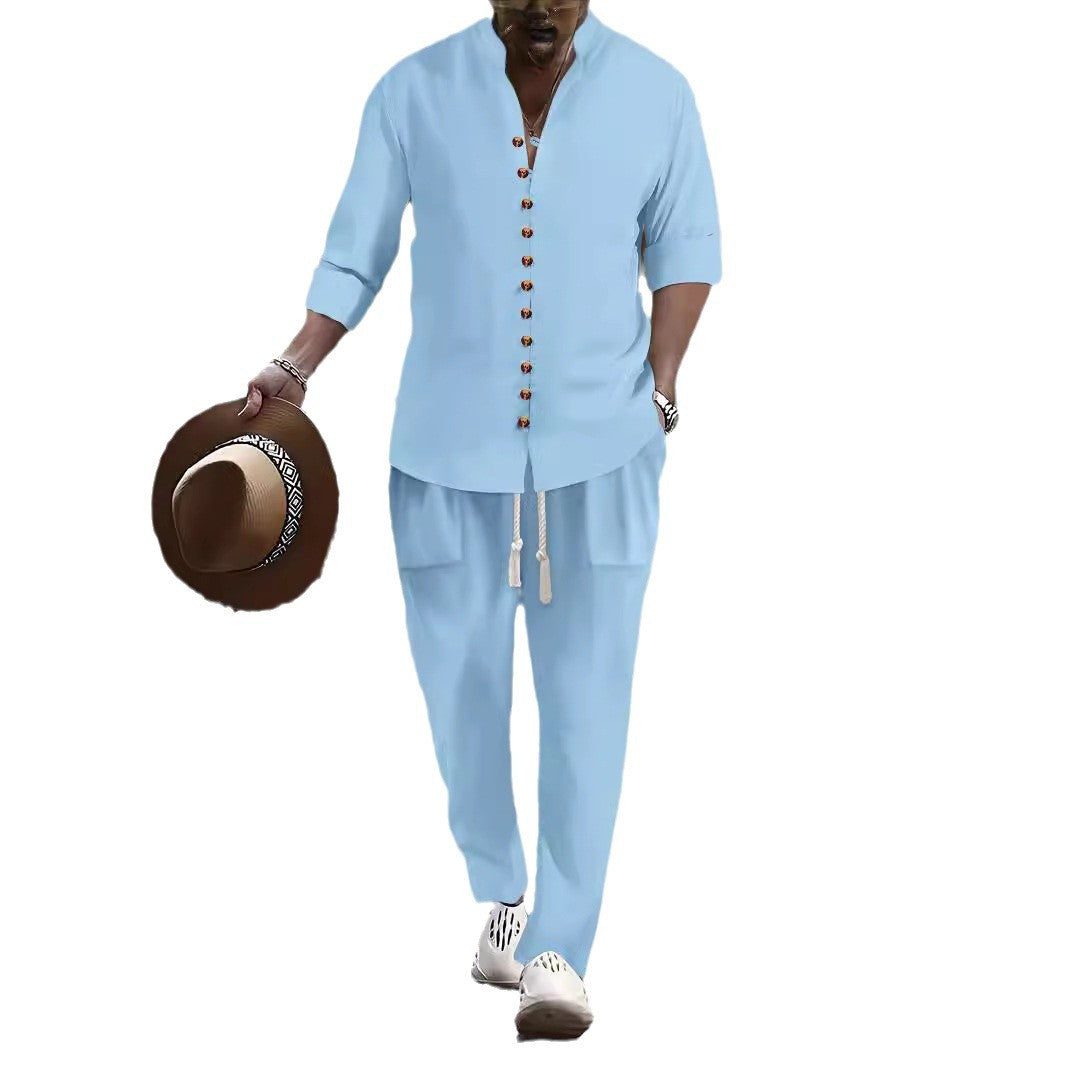 Herren Freizeit-Button-Up-Hemd und entspannt geschnittene Hose Set Echoarchiv